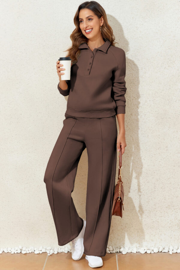 Dark Brown Solid Collared Sweatshirt and High Waist Pants Active Set