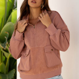 Camel Exposed Seam Side Pockets Half Zipper Baggy Sweatshirt