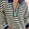 Dark Green Striped Print Contrast Collar Zip V Neck Long Sleeve Top