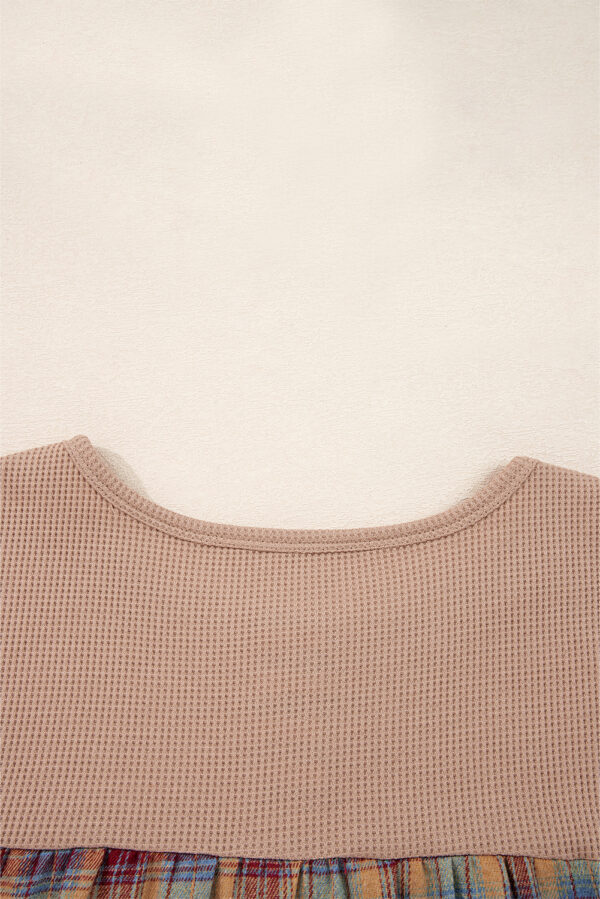 Straw Yellow Waffle Stripe Plaid Patchwork Henley Knit Top