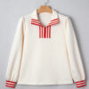 White Textured Knit Contrast Striped Accent Zipped Collar Pullover Top
