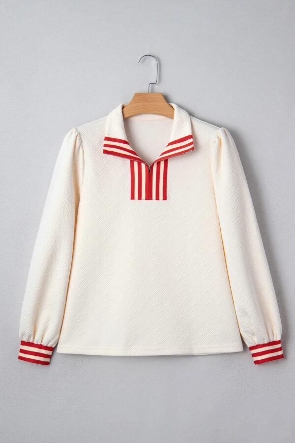 White Textured Knit Contrast Striped Accent Zipped Collar Pullover Top