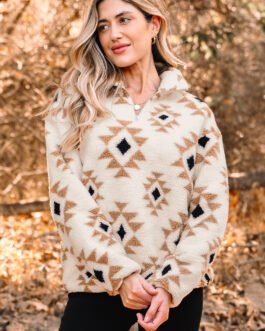 Khaki Aztec Print Sherpa Quarter Zip Collar Sweatshirt