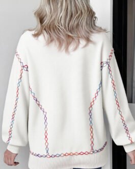 White Rainbow Stitching Balloon Sleeve Relaxed Sweater