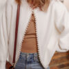 White Pearl Embellished Open Front Elegant Cardigan