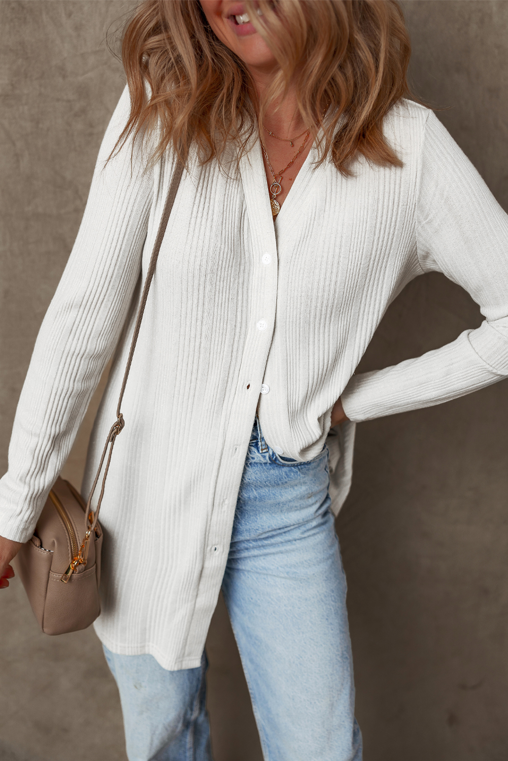 White Solid Color Ribbed Button up Tunic Cardigan - Image 3