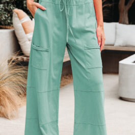 Mint Green Mineral Wash Exposed Seam Drawstring Elastic Waistband Wide Leg Cargo Pants