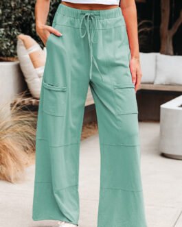 Mint Green Mineral Wash Exposed Seam Drawstring Elastic Waistband Wide Leg Cargo Pants