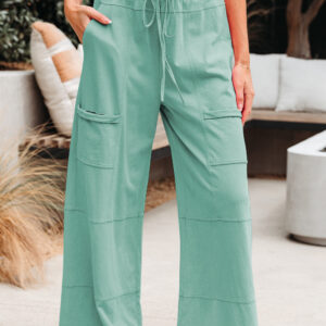 Mint Green Mineral Wash Exposed Seam Drawstring Elastic Waistband Wide Leg Cargo Pants