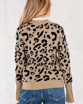 Dearlovers Brown Leopard Pattern Lace Ribbed Detail Button Cuffed Sweater
