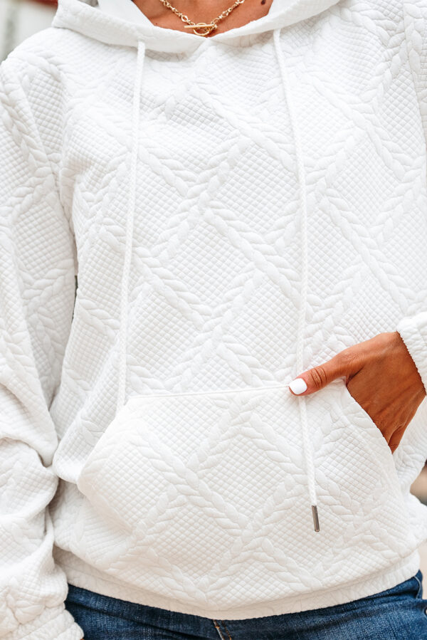 White Cable Lattice Texture Kangaroo Pocket Hoodie