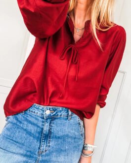 Fiery Red Solid Color Frilled V Neck Bow Detail 3/4 Sleeve Blouse