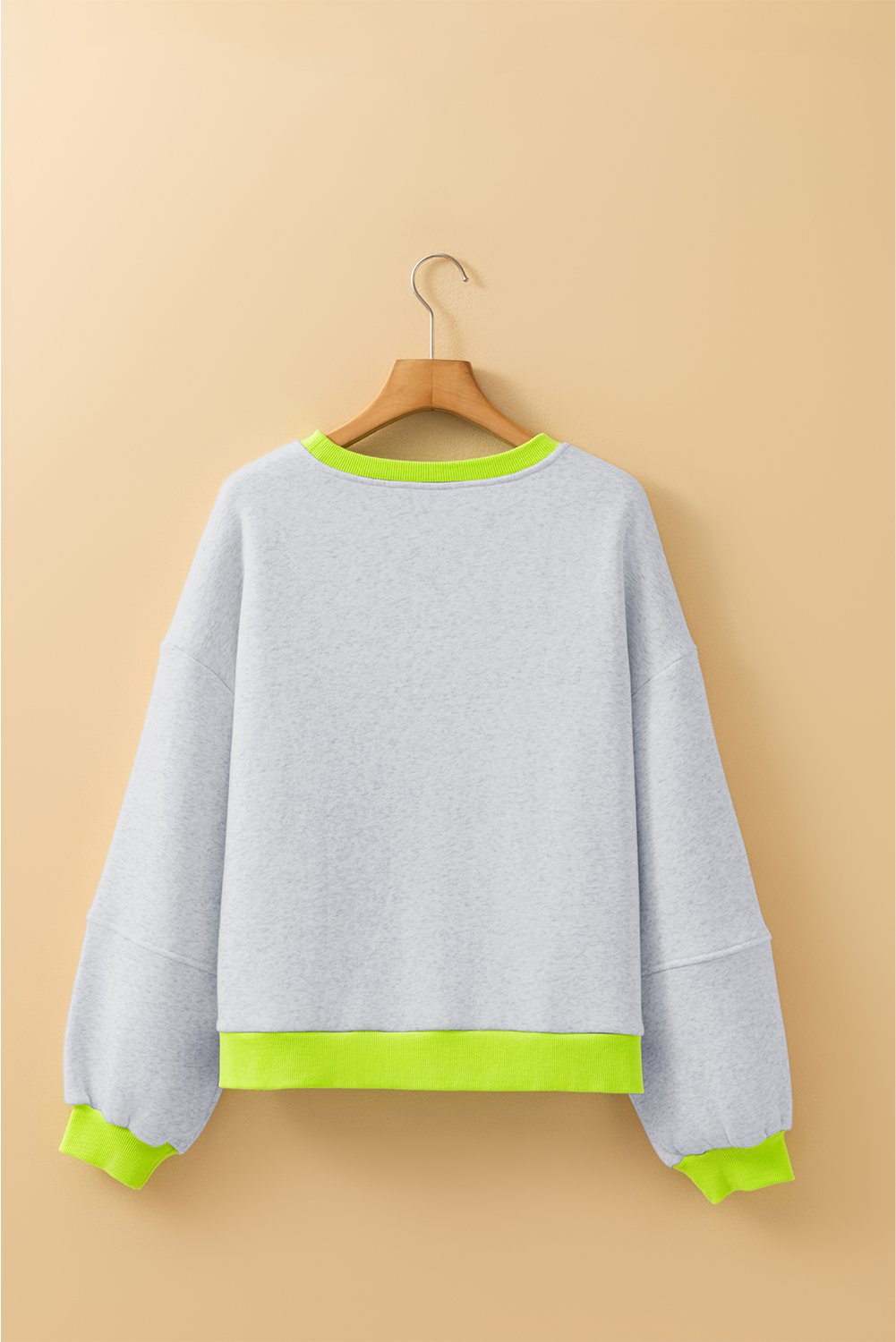Light Grey Contrast Color Banding Patchwork Puff Sleeve Loose Sweatshirt - Image 5