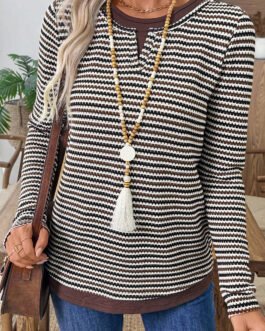 Brown Faux Two Piece Textured Striped Round Neck Long Sleeve T Shirt