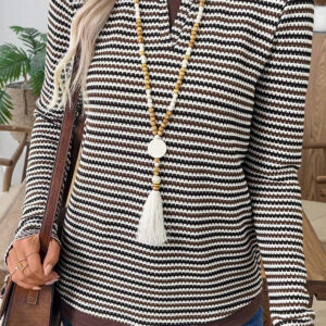 Brown Faux Two Piece Textured Striped Round Neck Long Sleeve T Shirt