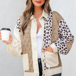 Khaki Leopard Waffle Quilted Patchwork Button Front Jacket