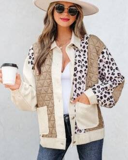 Khaki Leopard Waffle Quilted Patchwork Button Front Jacket