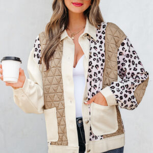 Khaki Leopard Waffle Quilted Patchwork Button Front Jacket