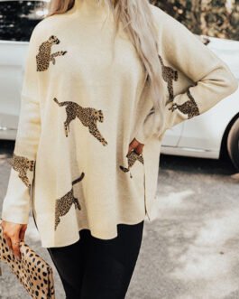 Parchment Lively Cheetah Print High Neck Split Hem Sweater