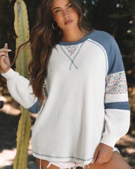 White Floral Patchwork Waffle Knit Raglan Top
