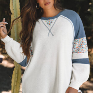 92999561-4836d17aaa644187.jpg White Floral Patchwork Waffle Knit Raglan Top