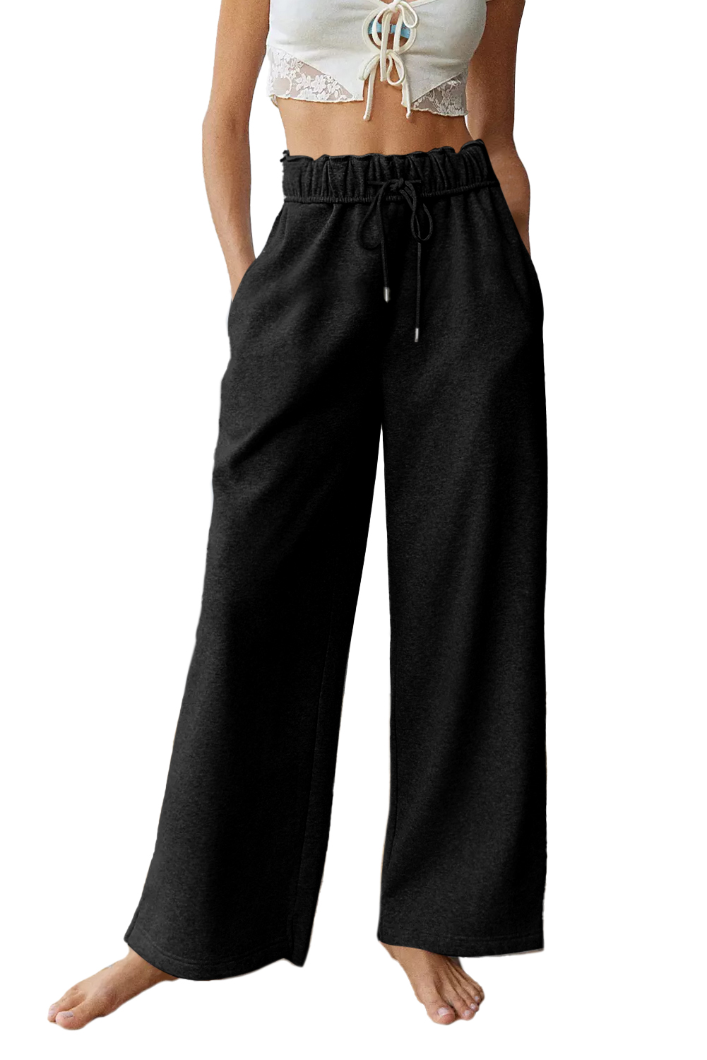 Black Elastic High Waist Drawstring Sweatpants - Image 4
