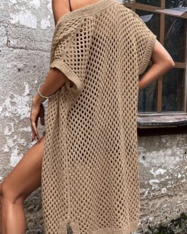 Camel Batwing Sleeve Pointelle Knit Open Front Cardigan