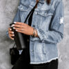 Black Lapel Distressed Raw Hem Buttons Denim Jacket
