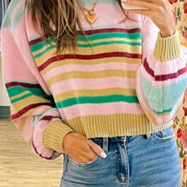 Multicolour Striped Knit Ribbed Trim Boxy Fit Cropped Sweater