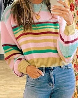 Multicolour Striped Knit Ribbed Trim Boxy Fit Cropped Sweater