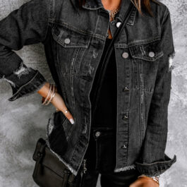 Black Lapel Distressed Raw Hem Buttons Denim Jacket