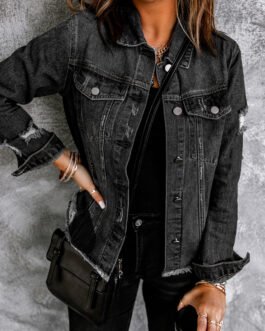 Black Lapel Distressed Raw Hem Buttons Denim Jacket