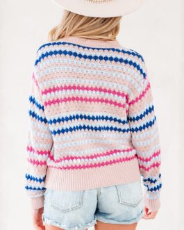 Khaki Stripe Eyelet Patterned Drop Shoulder Sweater