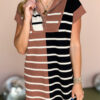 Khaki Stripe Color Block Quarter Zip Collar Short Sleeve Sweater Dress