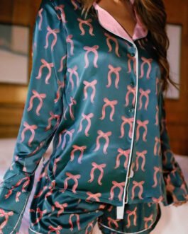 Green Ribbon Bow Print Silky Long Sleeve Shirt and Shorts 2pcs Pajama Set
