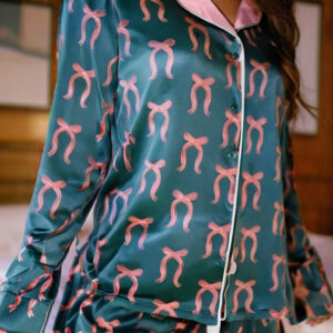 93412665-4b44aa85a529428f.jpg Green Ribbon Bow Print Silky Long Sleeve Shirt and Shorts 2pcs Pajama Set