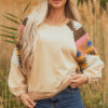 Light French Beige Aztec Patchwork Raglan Pullover Sweatshirt