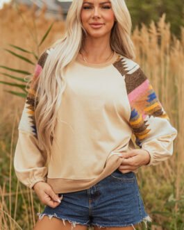 Light French Beige Aztec Patchwork Raglan Pullover Sweatshirt