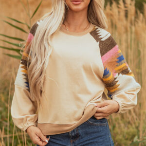 Light French Beige Aztec Patchwork Raglan Pullover Sweatshirt