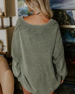 Four Leaf Clover Mineral Wash V Neck Knit Exposed Seam Drop Shoulder Loose Sweater
