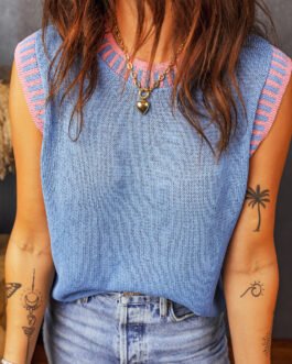 Sky Blue Contrast Trim Round Neck Sleeveless Sweater