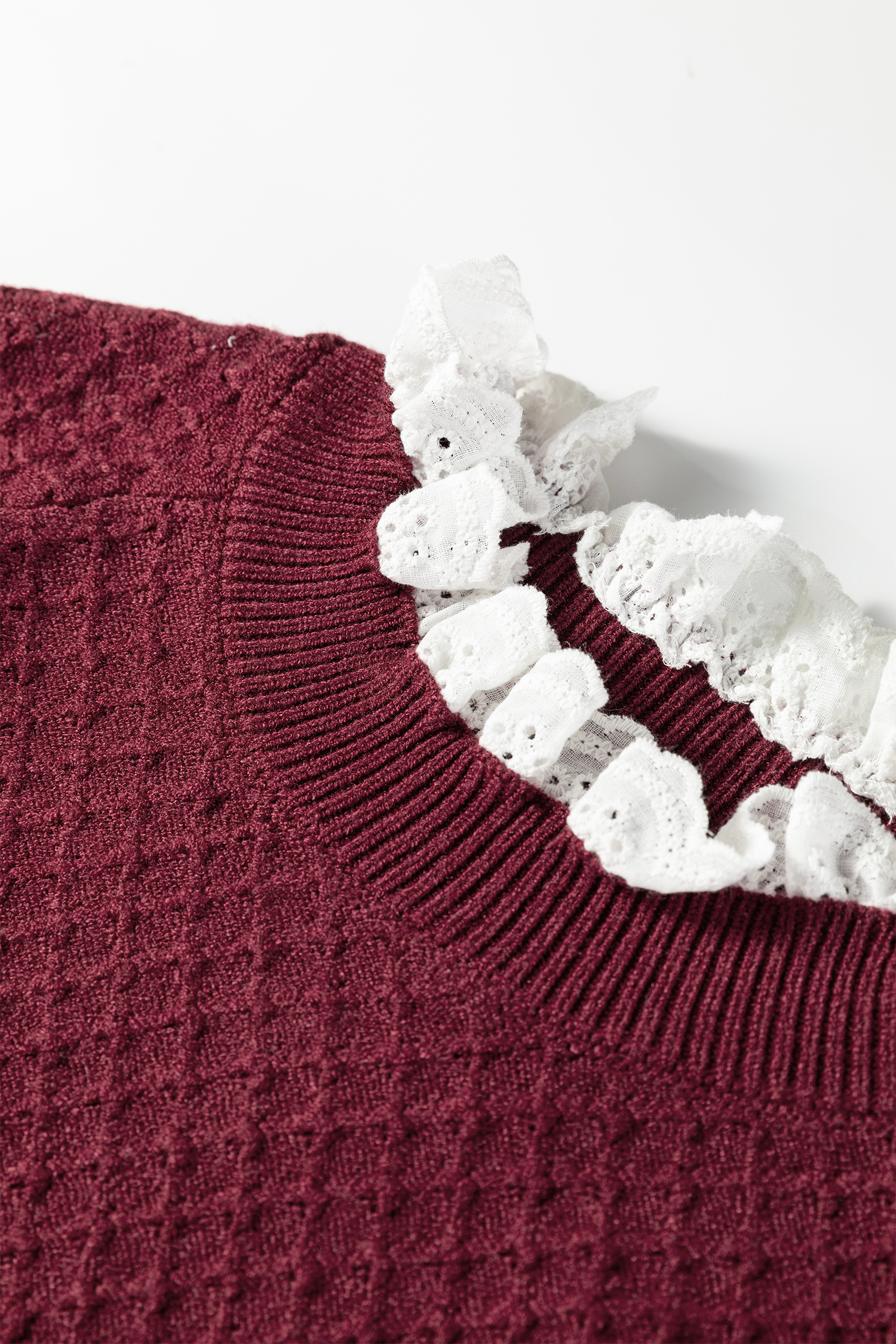 Burgundy Contrast Lace Frilled Trim Raglan Sleeve Sweater - Image 8