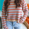 Khaki Stripe Drop Shoulder Cropped Long Sleeve Fall Sweater