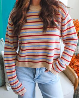 Khaki Stripe Drop Shoulder Cropped Long Sleeve Fall Sweater