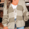 Khaki Striped Color Block Brushed Knit Bow Tie Front Sweater Cardigan
