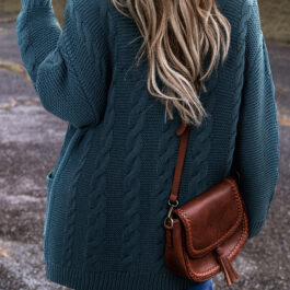 Peacock Blue Cable Knit Button Front Pocketed Baggy Cardigan