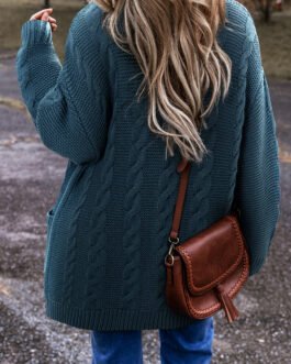 Peacock Blue Cable Knit Button Front Pocketed Baggy Cardigan