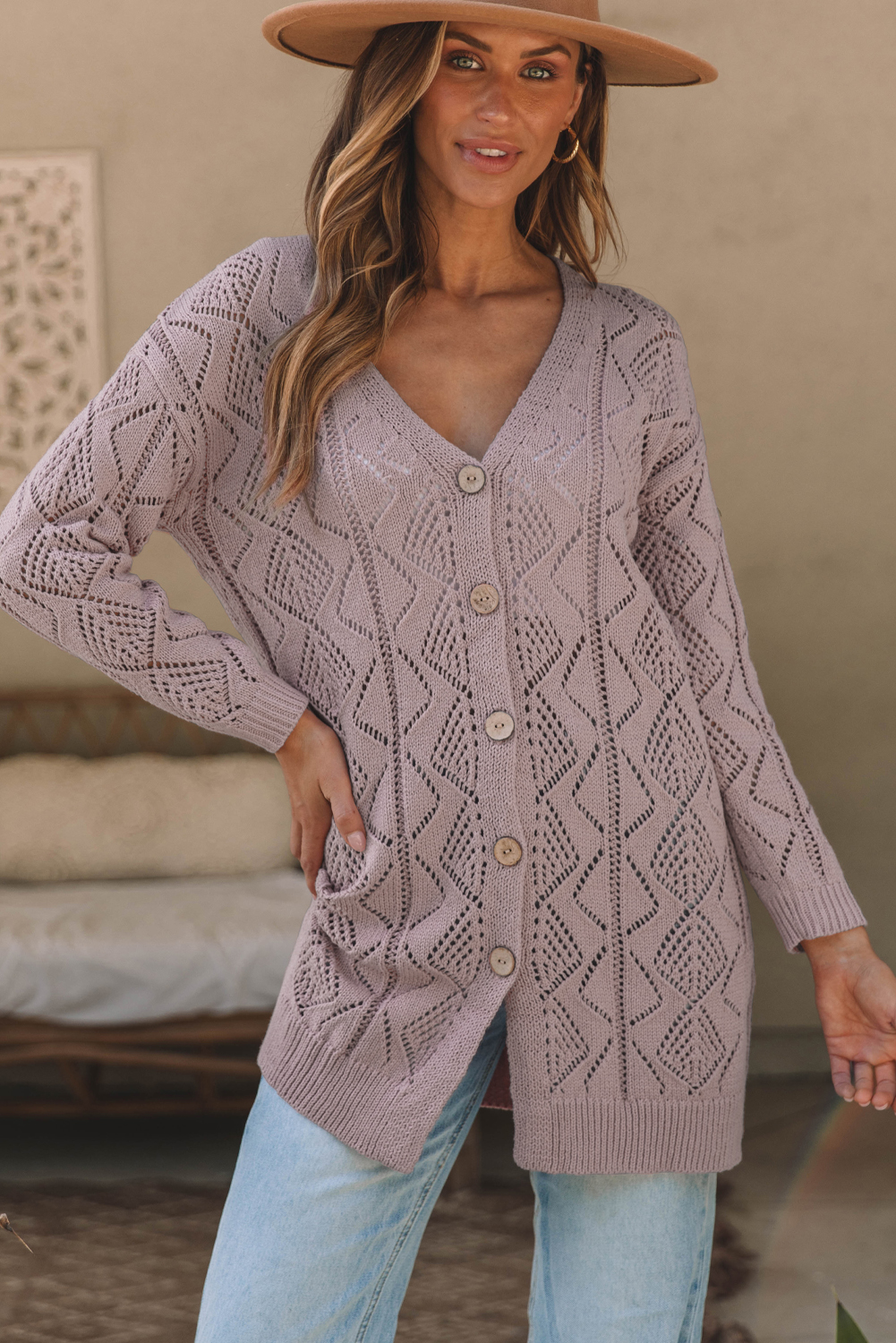Khaki Hollow-out Openwork Knit Cardigan - Image 9