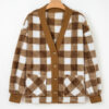 Brown Checkered Sherpa Loose Knit Cardigan with Pockets