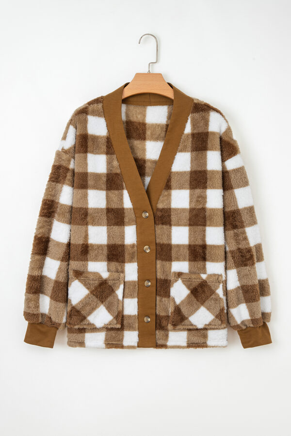 Brown Checkered Sherpa Loose Knit Cardigan with Pockets